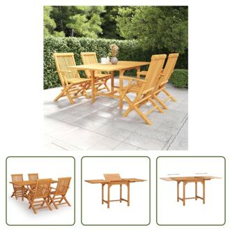 Teakhouten Tuinset - Eettafel (110-160x80x75 cm) - Inklapbare Stoelen (55x60x89 cm) - Parasolgat - Bruin