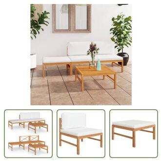 Teakhouten Tuinset - Middenbank - Tafel - Voetenbank - 63x66x60 cm - crème kussen