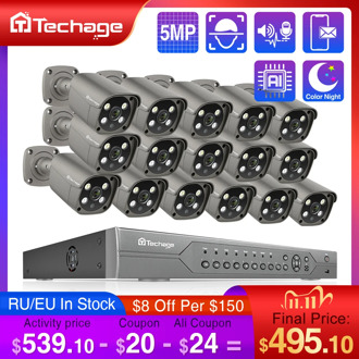 Techage 16CH 5MP POE NVR Kit Security Camera System Two Way Audio H.265 IP AI Camera Outdoor P2P CCTV Video Surveillance Set
