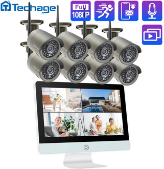 Techage 8CH 1080P Wireless Security System 12" LCD Monitor NVR Kit 2MP IR Outdoor CCTV Wifi IP Camera Video Surveillance Set