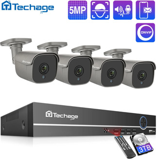Techage H.265 4CH 5MP POE NVR Kit CCTV System Two Way Audio Alarm Sound AI IP Camera IR Outdoor Video Security Surveillance Set
