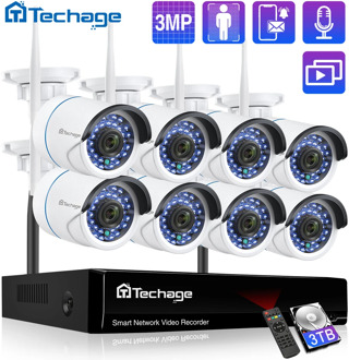 Techage Wireless 3MP 8CH CCTV Security NVR WIFI Camera Kit AI Audio Record Outdoor P2P IP Camera Video Surveillance System Set