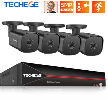 Techege H.265 4CH 5MP POE Security Camera System Kit Face Detection IP Camera Outdoor Waterproof CCTV Video Surveillance NVR KIT