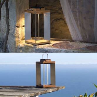 Teckinox LED-lantaarn op zonne-energie, teak/staal, 45,5cm staal, licht hout