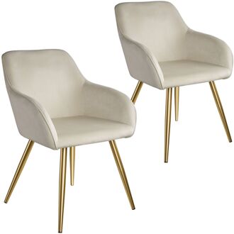 tectake® Set van 2 Eetkamerstoelen - Comfortabele Fauteuils met Armleuningen - Moderne Keukenstoelen - Creme/Goud