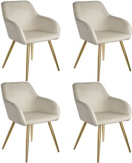 tectake® Set van 4 Eetkamerstoelen - Comfortabele Fauteuils met Armleuningen - Moderne Keukenstoelen - Creme/Goud