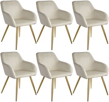 tectake® Set van 6 Eetkamerstoelen - Comfortabele Fauteuils met Armleuningen - Moderne Keukenstoelen - Creme/Goud