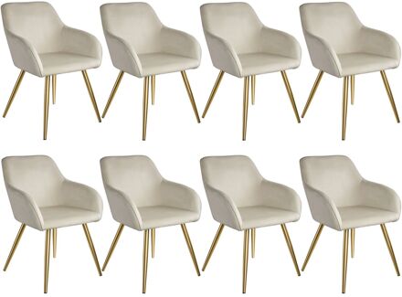 tectake® Set van 8 Eetkamerstoelen - Comfortabele Fauteuils met Armleuningen - Moderne Keukenstoelen - Creme/Goud