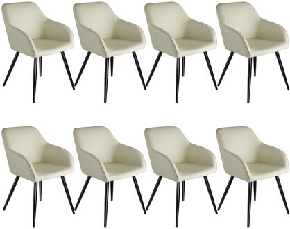 tectake® Set van 8 Eetkamerstoelen met Armleuningen - Gevoerde Stoffen Zitting - Zwarte Metalen Poten - Crème