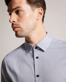 Ted Baker Alham overhemd met lange mouwen, fijne geometrische print en stretch voor heren, marineblauw