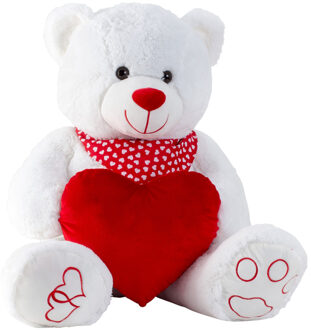 Teddy beer knuffel van zachte pluche - met liefdes hartje - 64 cm zittend/100 cm staand - Knuffelberen Wit