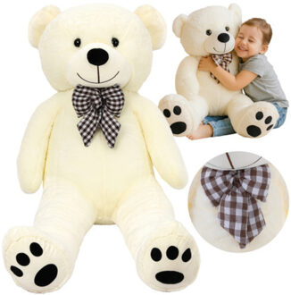 Teddybeer - 140 cm - ecru - polyester - knuffel - met strik Wit