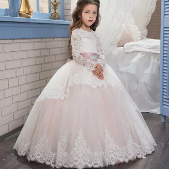 Teenager Pink White Bridesmaid First Communion Elegant Dress For Girls Kids Girl Long Sleeve Lace Princess Party Dress