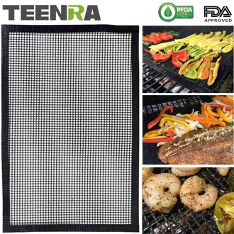 Teenra 1Pcs Zwarte Bbq Mesh Grill Mat Ptfe Bakken Mat Non-stick Bakplaat Pad Bbq Bakken Mat hittebestendig Barbecue Gereedschap