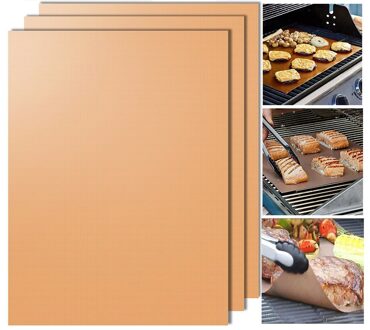 TEENRA 3 Stks Gold Herbruikbare Teflon BBQ Mat Bakken Grill Mat hittebestendige Baking Mat non-stick BBQ Liner Teflon Bakplaat