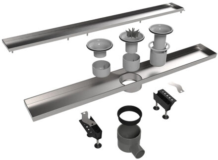 Tegeldrain tegelgoot met zijuitloop 9.8x50cm 50mm RVS EDT500 zilver