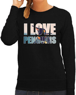 Tekst sweater I love penguins met dieren foto van een pinguin zwart voor dames - cadeau trui pinguins liefhebber 2XL