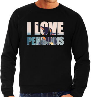 Tekst sweater I love penguins met dieren foto van een pinguin zwart voor heren - cadeau trui pinguins liefhebber 2XL
