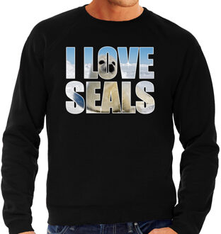 Tekst sweater I love seals met dieren foto van een zeehond zwart voor heren - cadeau trui zeehonden liefhebber XL