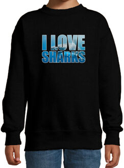 Tekst sweater I love sharks met dieren foto van een haai zwart voor kinderen - cadeau trui haaien liefhebber - kinderkleding / kleding 14-15 jaar (170/176)