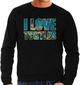 Tekst sweater I love turtles met dieren foto van een schildpad zwart voor heren - cadeau trui zeeschildpadden liefhebber 2XL