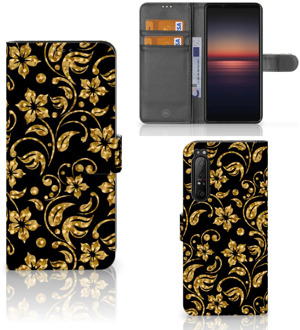 Telefoonhoesje Sony Xperia 1 II Bookcase Cadeau voor Oma Gouden Bloemen