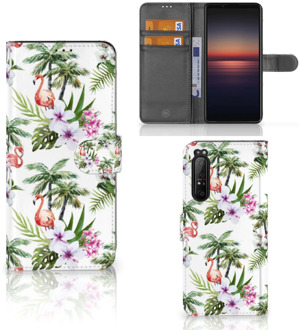 Telefoonhoesje Sony Xperia 1 II Flip Hoesje met naam Flamingo Palms