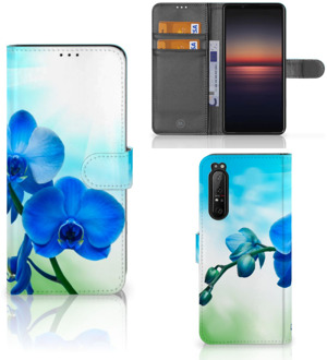 Telefoonhoesje Sony Xperia 1 II Wallet Book Case met foto Orchidee Blauw Valentijn Cadeautje Vrouw