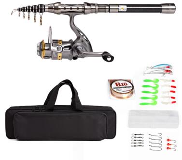Telescopische Hengel Spinning Reel + Lijn + Kunstaas Haken Combo Volledige Kit Met Zak zwart 7