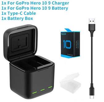 Telesin Voor Gopro 9 10 Batterij 1750Mah Led Light Opladen Box Tf Card Opslag Voor Gopro Hero 9 10 battery Charger Accessoires 1 accu 1 lader