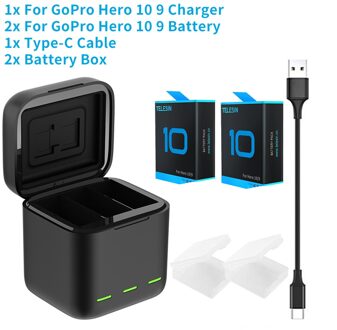 Telesin Voor Gopro 9 10 Batterij 1750Mah Led Light Opladen Box Tf Card Opslag Voor Gopro Hero 9 10 battery Charger Accessoires 2 accu 1 lader