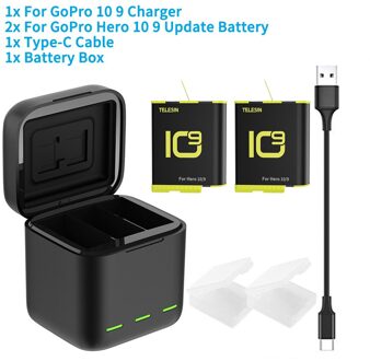 Telesin Voor Gopro 9 10 Batterij 1750Mah Led Light Opladen Box Tf Card Opslag Voor Gopro Hero 9 10 battery Charger Accessoires 2 nieuw accu 1 C