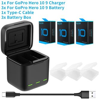 Telesin Voor Gopro 9 10 Batterij 1750Mah Led Light Opladen Box Tf Card Opslag Voor Gopro Hero 9 10 battery Charger Accessoires 3 accu 1 lader