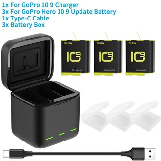 Telesin Voor Gopro 9 10 Batterij 1750Mah Led Light Opladen Box Tf Card Opslag Voor Gopro Hero 9 10 battery Charger Accessoires 3 nieuw accu 1 C