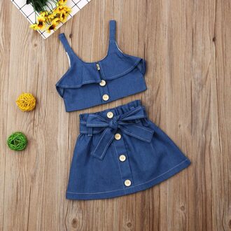 Telotuny Kinderkleding Peuter Baby Meisjes Solid Print Button Denim Jarretel Vest Tops + Jeans Rokken Outfits Jun25 80