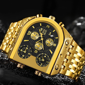 TEMEITE Quartz Mens Watches Top Brand Luxury Golden Clock 3 Time Zone Date Stainless Steel Strap Military Oversize Wristwatch