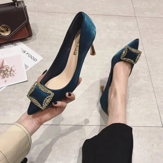 Temperament Elegant Womens Shoes Korean Square Buckle Rhinestones High Heels Stiletto Sexy Pointed Shallow Mouth Single Shoes
