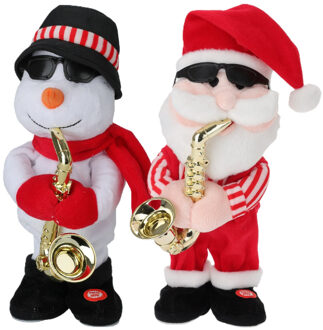 Tender Toys Kerstpoppen - kerstman en sneeuwpop - dansend met muziek - 35 cm