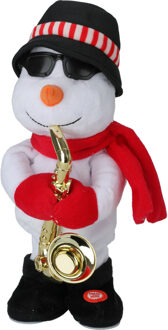 Tender Toys Sneeuwpop pop - met saxofoon - dansend met muziek - 35 cm- kerstfiguur