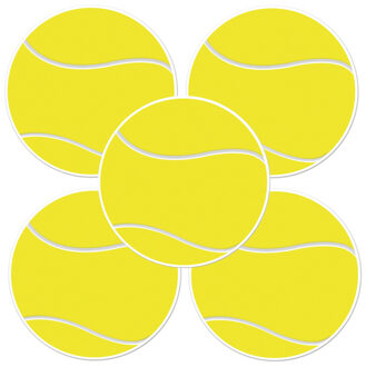 Tennisbal sport decoratie sticker versiering - 5x - geel - dia 13 cm - vinyl
