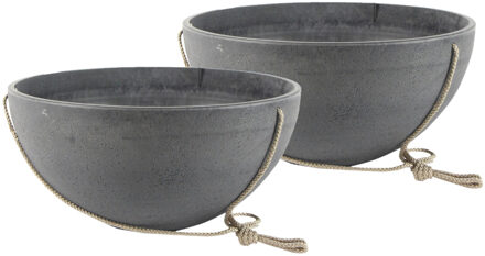 Ter Steege 2x stuks hangende bloempot/plantenpot schaal van gerecycled kunststof donkergrijs D35 en H17 cm - Plantenpotten