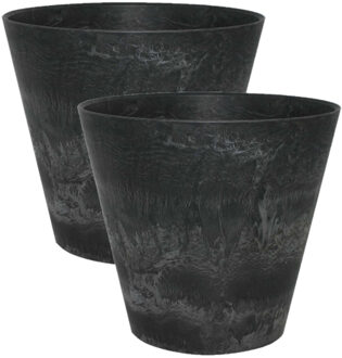 Ter Steege 2x stuks plantenpot/bloempot in een natuursteen look Dia 17 cm en Hoogte 15 cm zwart - Plantenpotten