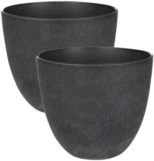 Ter Steege 2x stuks plantenpot/bloempot in een natuursteen look Dia 17 cm en Hoogte 15 cm zwart - Plantenpotten