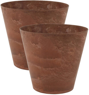 Ter Steege 2x stuks plantenpot/bloempot in een natuursteen look Dia 22 cm en Hoogte 20 cm dark terra cotta - Plantenpotten Bruin