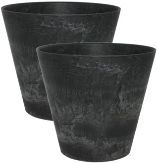 Ter Steege 2x stuks plantenpot/bloempot in een natuursteen look Dia 22 cm en Hoogte 20 cm zwart - Plantenpotten