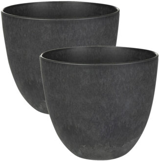 Ter Steege 2x stuks plantenpot/bloempot in een natuursteen look Dia 23 cm en Hoogte 20 cm zwart - Plantenpotten