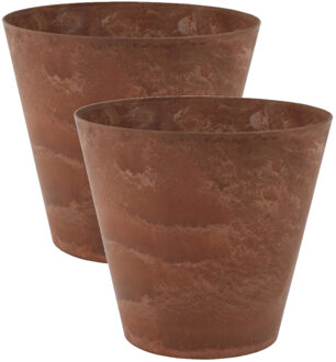 Ter Steege 2x stuks plantenpot/bloempot in een natuursteen look Dia 27 cm en Hoogte 24 cm dark terra cotta - Plantenpotten Bruin