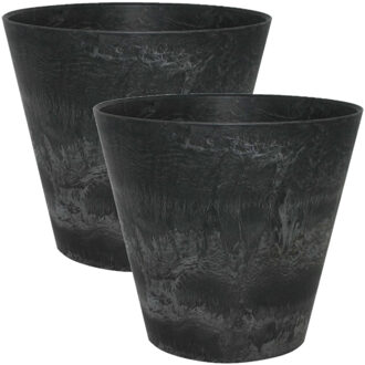 Ter Steege 2x stuks plantenpot/bloempot in een natuursteen look Dia 37 cm en Hoogte 34 cm zwart - Plantenpotten