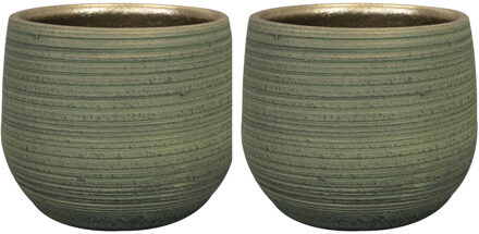 Ter Steege 2x stuks plantenpot/bloempot keramiek donkergroen stripes relief - D15/H13 cm - Plantenpotten