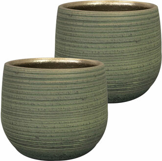 Ter Steege 2x stuks plantenpot/bloempot keramiek donkergroen stripes relief - D18/H16 cm - Plantenpotten